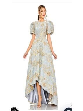 NWT Mac Duggal Brocade High Low  Puff Sleeve Size 10 #11608 platinum Gold